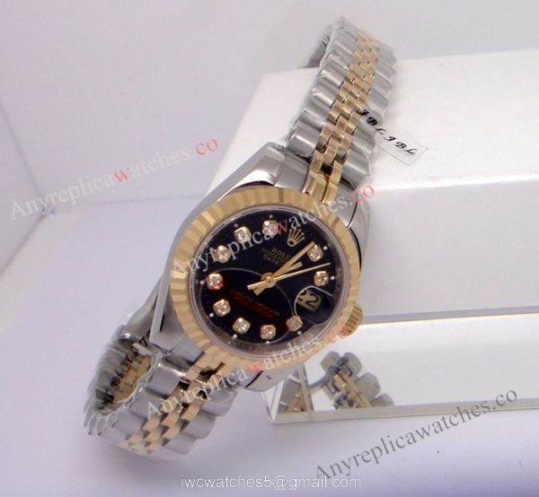 Fake Rolex Datejust Watch Black Face 2-Tone Jubilee Ladies 3