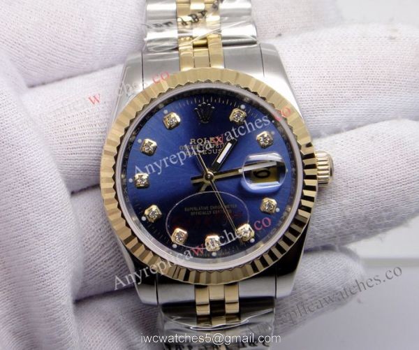 Replica Rolex Datejust Diamond Dial Blue Face 2-Tone Watch For Men 3