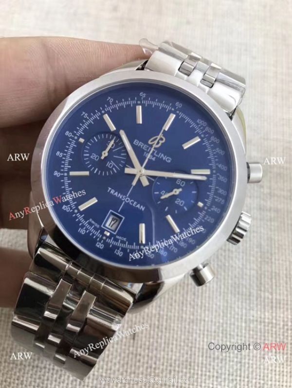 Breitling Transocean Blue Dial Chronograph Replica Watch Stainless Steel 3