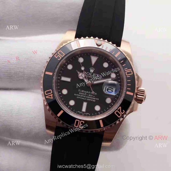 Copy Rolex Submariner Rose Gold Rubber Strap Watch 40mm 3