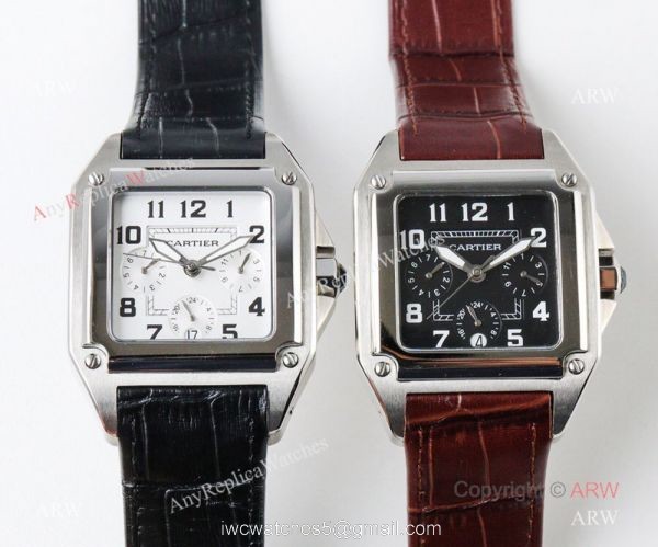Swiss Grade Replica Cartier Santos 9100 Black Leather Watch 3