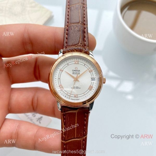 Clone Omega De Ville Prestige Ladies Watches Brown Leather Strap 3