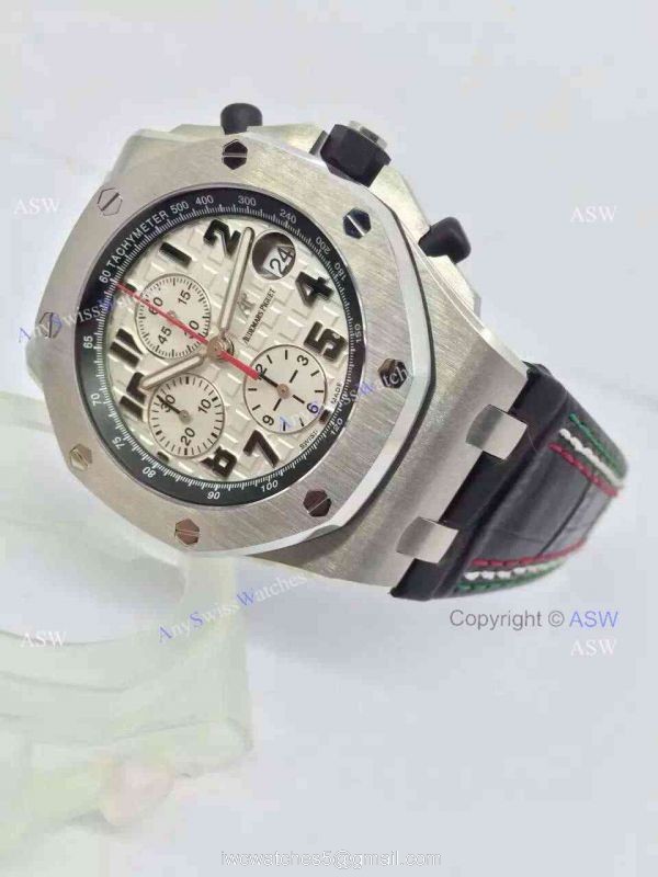Swiss Audemars Piguet Pride of Mexico Replica Watch SS White Chronograph Black Leather 3