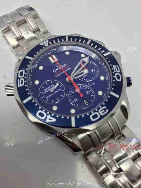 Grade 1A Swiss Omega Seamaster 300 Replica Watch SS Blue Chronograph Dial 3