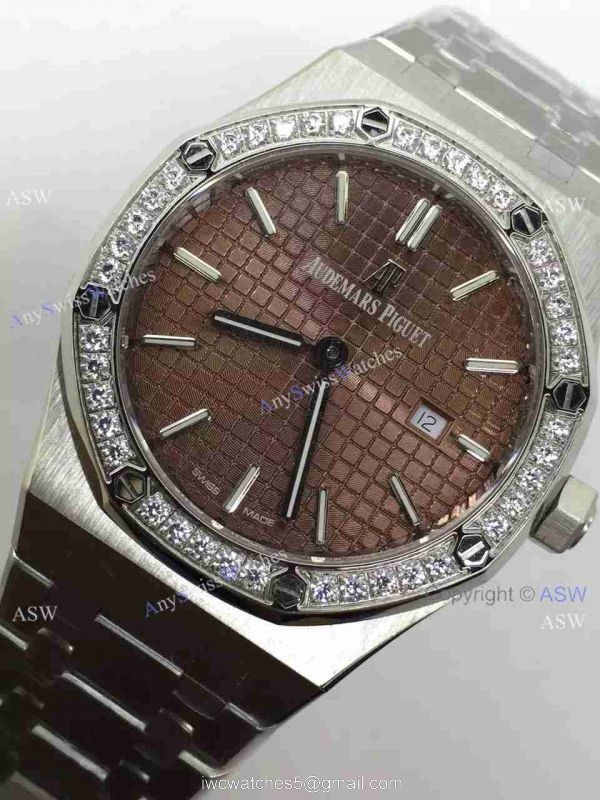Swiss Fake Audemars Piguet Royal Oak Diamond Bezel Brown Dial Watch 3