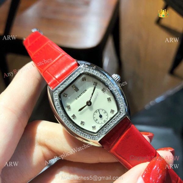Low Price Cartier Rose Gold Gray Leather Band Ladies Watch 26mm 3