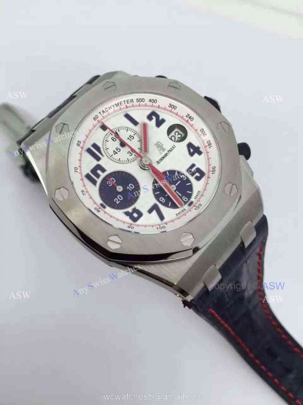 Swiss Audemars Piguet White &038; Blue Chronograph Black Leather Watch 3