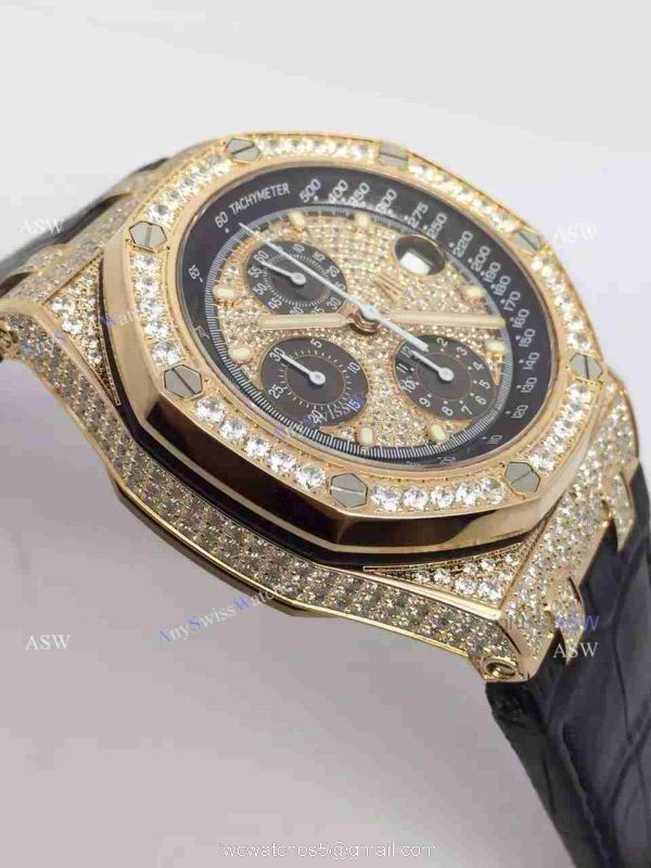 Replica Audemars Piguet Watch Rose Gold Case diamond dial diamond bezel Black Leather 3