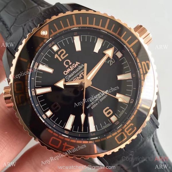 Swiss Replica Omega Seamaster Planet Ocean Deep Black GMT Ceramic Rose Gold Watch 3