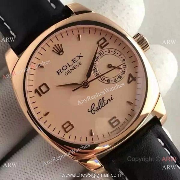 Swiss Replica Rolex Cellini Danaos Replica Watch Rose Gold Black Leather Strap 3