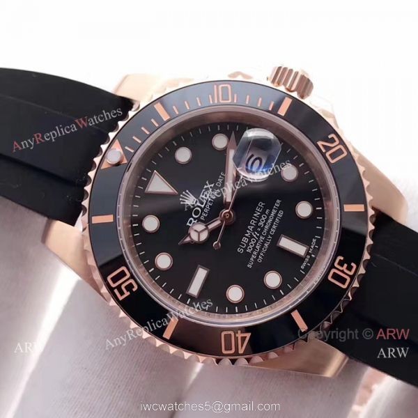 Swiss ETA2836 Rolex Submariner Rose Gold Rubber Strap Watch 40mm 3