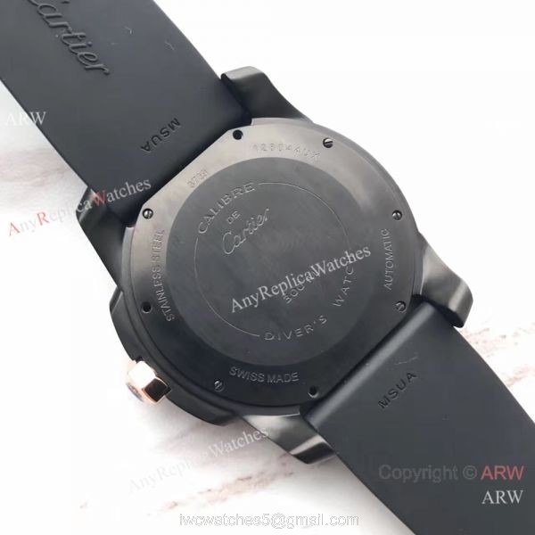 Swiss Fake Calibre De Cartier Diver watch Black PVD Case Rose Gold Fluted Bezel 3