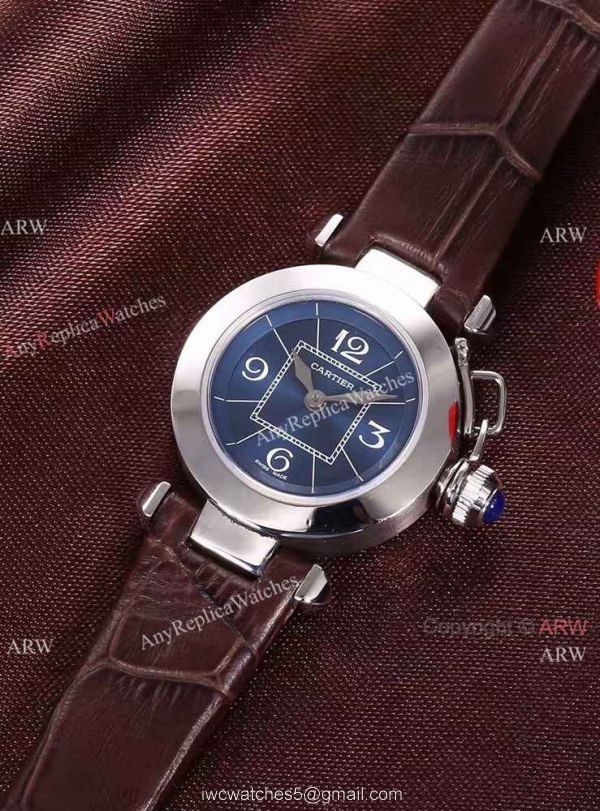 Best AAA Cartier Pasha Copy Watch SS Blue Dial Blue Leather 28mm 3