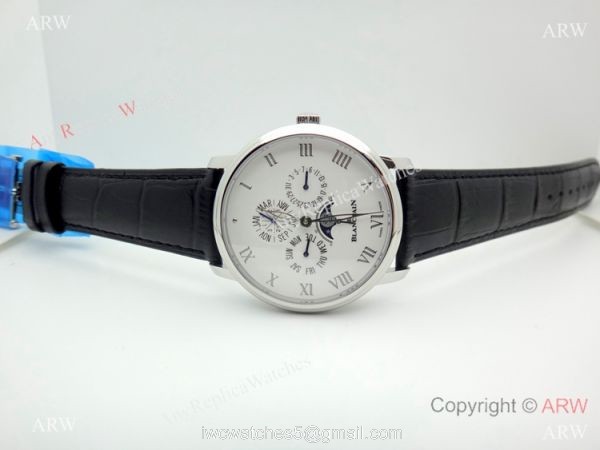 Copy Blancpain Moonphase and Perpetual Calendar Watch White Dial Black Leather Band 3