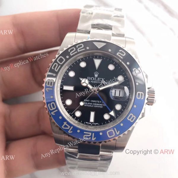 NEW UPGRADED V7 Swiss 3186 Fake Rolex Batman GMT-Master II Ss Watch 3