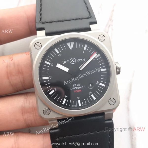 Swiss Fake Bell Ross BR03 100M Frosted Case watch Black Leather Band 3