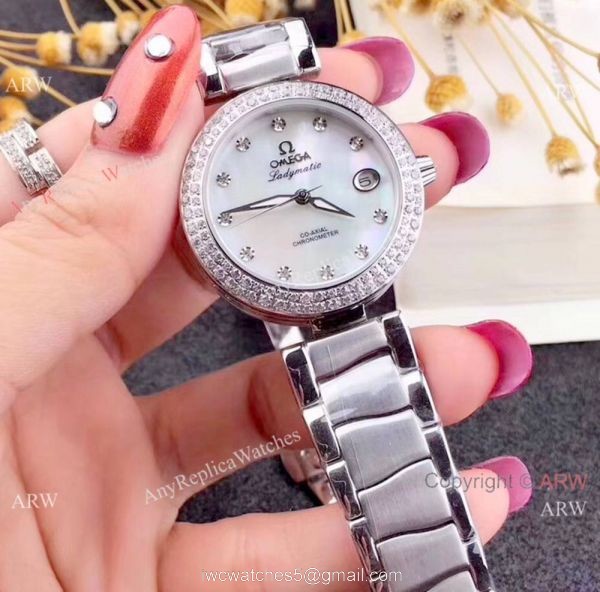 Omega Replica Watches De Ville Ladymatic SS Blue MOP Dial Diamond Bezel Ladies Watch 3