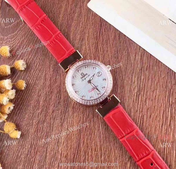 Women Omega De Ville Ladymatic Replica Watch SS Blue Diamond 3