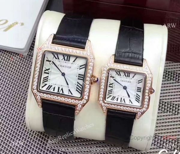 Rose Gold Cartier Santos Diamond Replica watches Lovers Watch 3