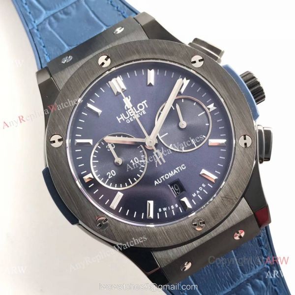 Swiss Replica Hublot Big Bang Classic Fusion 7750 Black Watch Blue Gummy Strap 3