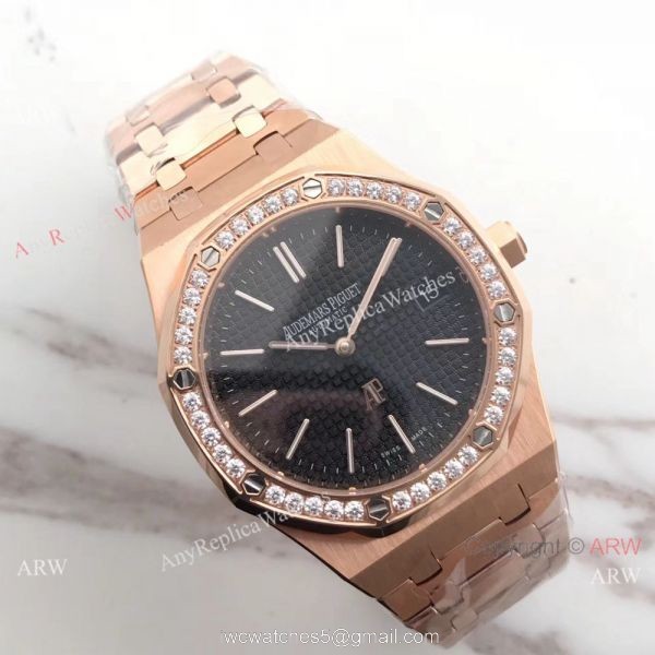JH Copy Audemars Piguet Royal Oak Automatic Extra Thin Watch Rose Gold Diamond Bezel 3