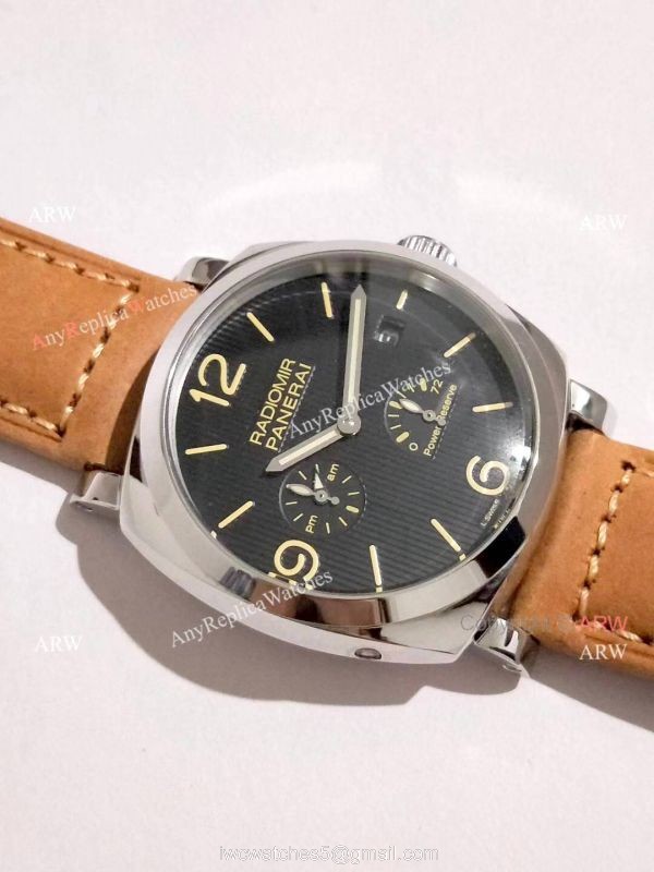 Copy Panerai Radiomir Power Reserve Watch SS Black Stripe Dial with Brown Leather Band 3