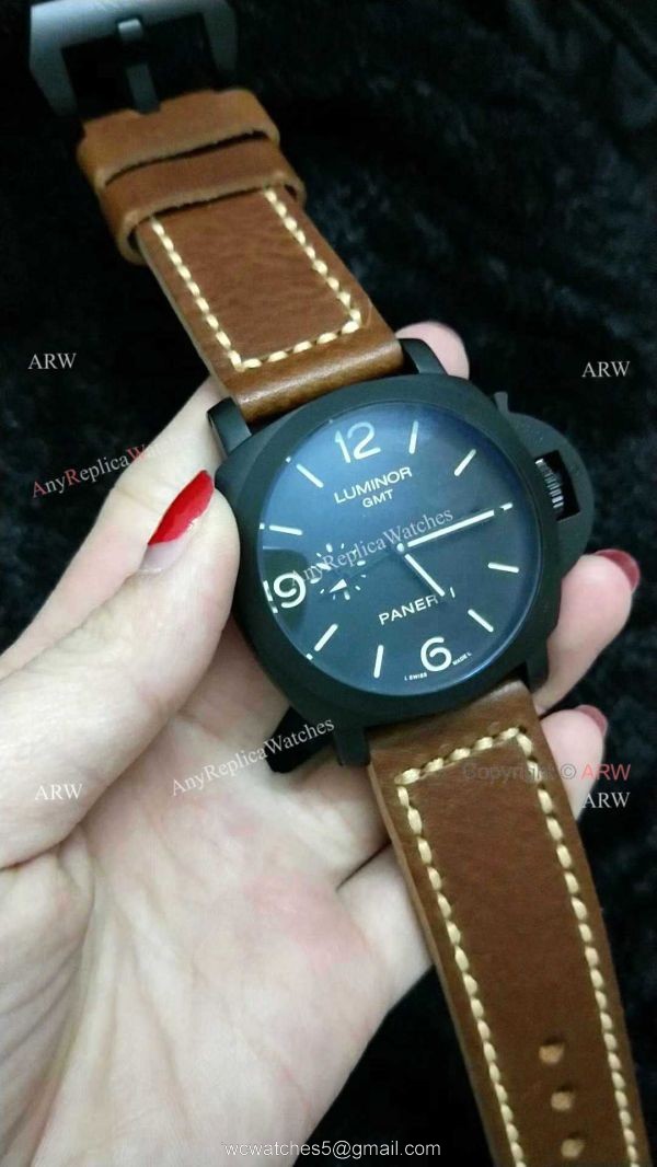 Clone Panerai Luminor GMT PAM 320 Black Steel Watch with Brown Leather Strap 3
