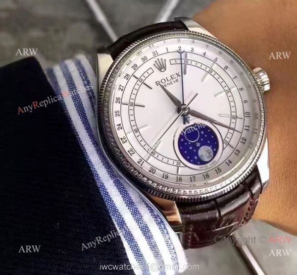 Baselworld Rolex Cellini Moonphase Replica Watch Stainless Steel Brown Leather Strap Watch 3