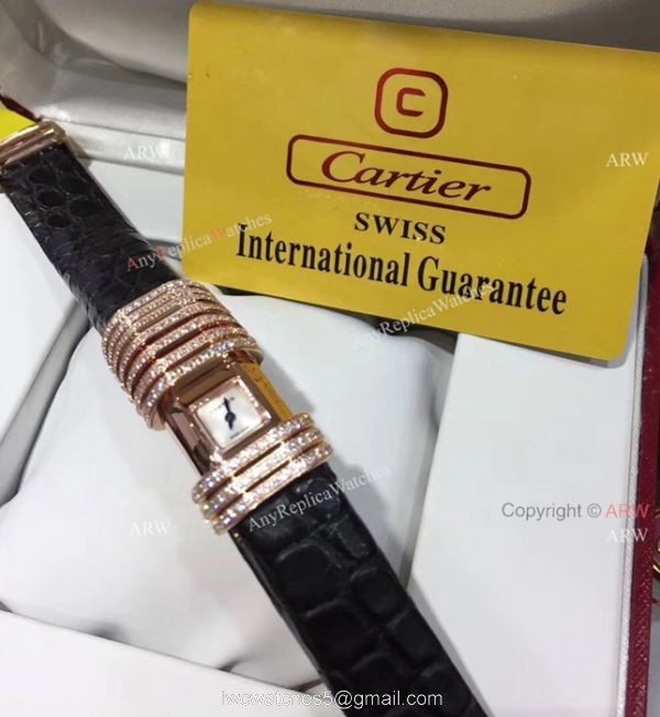 Cartier Small Silver Dial With Diamonds Replica Watches Black Leather Band 3