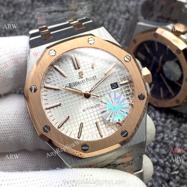 Newest Fake Audemars Piguet Royal Oak Watch Two Tone Rose Gold Silver Dial 3