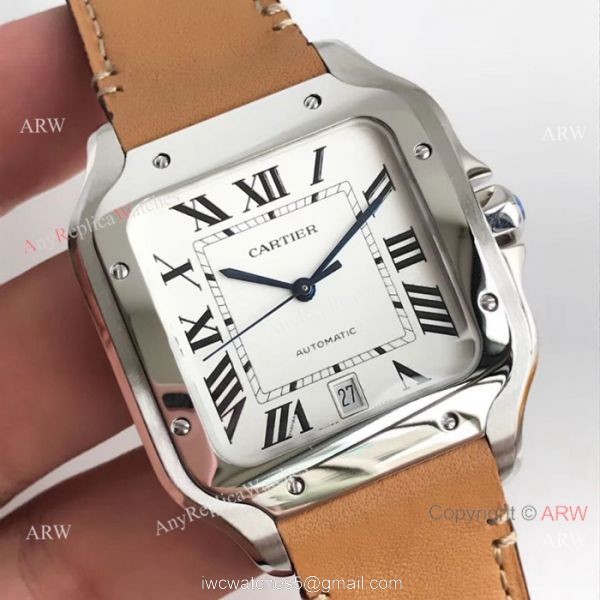 Cartier Santos Quartz Replica Watch SS Brown Leather Band 3