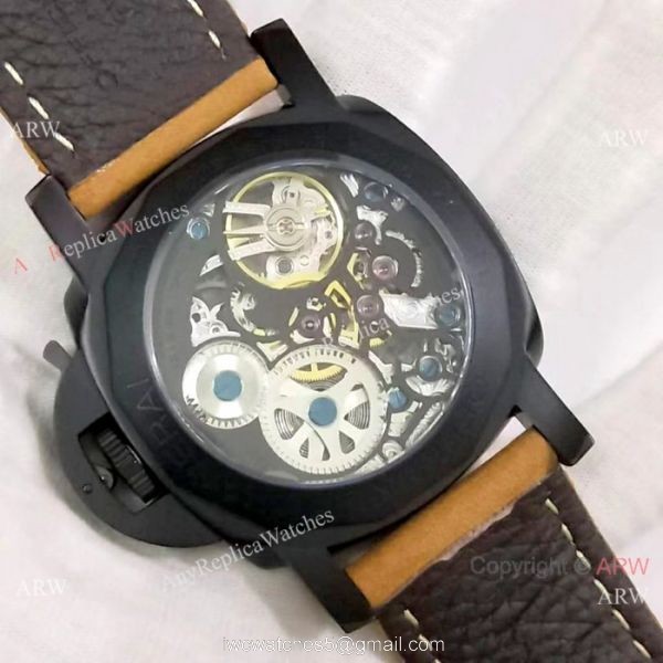 Best Quality Panerai Black Hollow Watch 47mm Brown Leather Strap 3