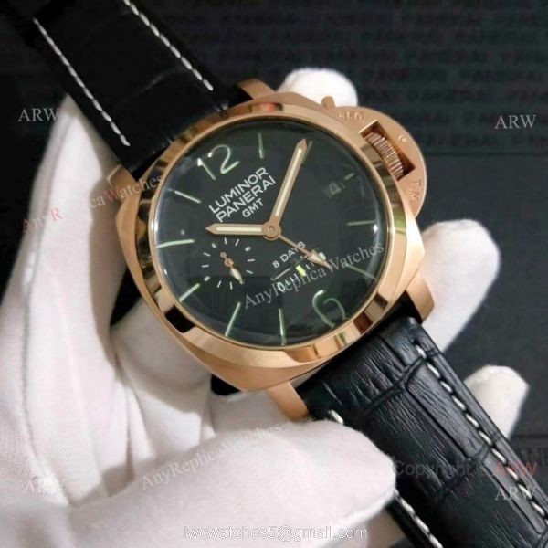 New Replica Panerai Luminor GMT power reserve Watch Rose Gold Green Markers 3