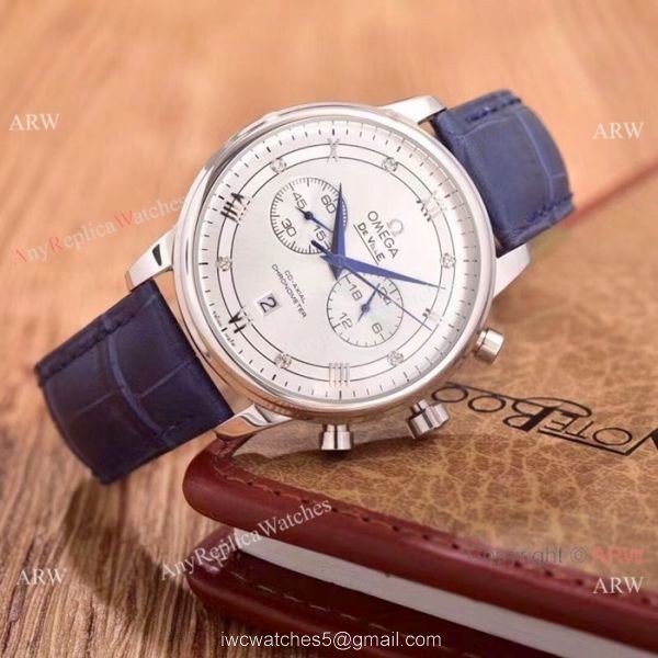 Fake Omega De Ville Chronograph Watches SS Brown Leather Strap 3