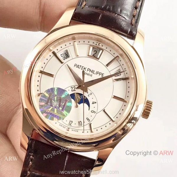 (KM)Swiss Patek Philippe Moonphase Replica Watch Rose Gold Annual Calendar Face 3