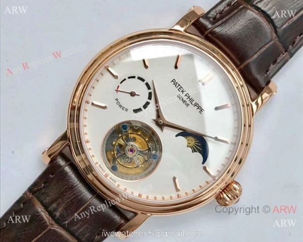 Swiss Grade Patek Philippe Power Reserve Watches Rose Gold Brown leather Strap 3