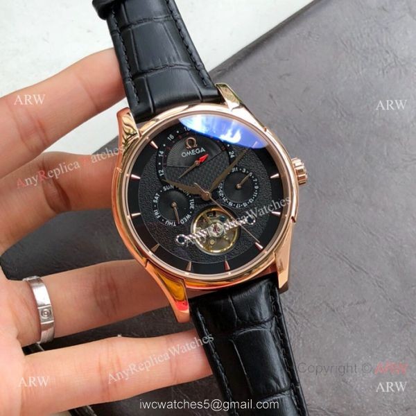 Replica Omega Tourbillon All Black Leather Strap Watches 43mm 3