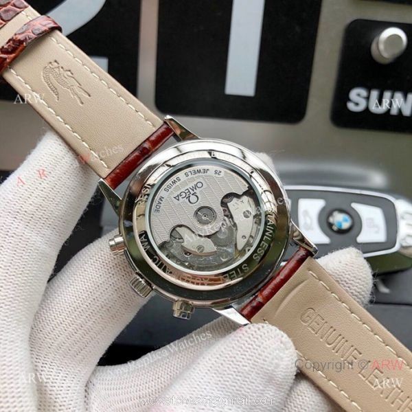 Best Replica Omega Complications Moonphase Watches SS Brown Leather Strap 3
