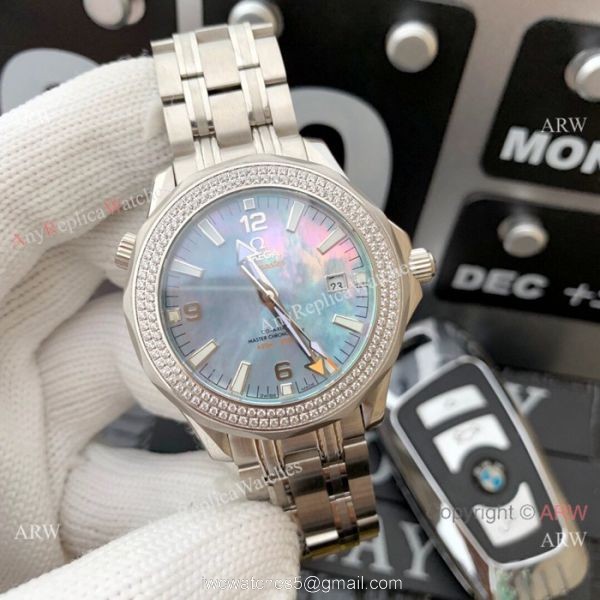 Swiss 8500 Omega Seamaster Copy Watch SS Diamond bezel White MOP Dial 3