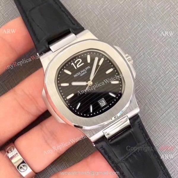 New Patek Philippe Nautilus Watch SS Gray Dial Black Leather Band 3