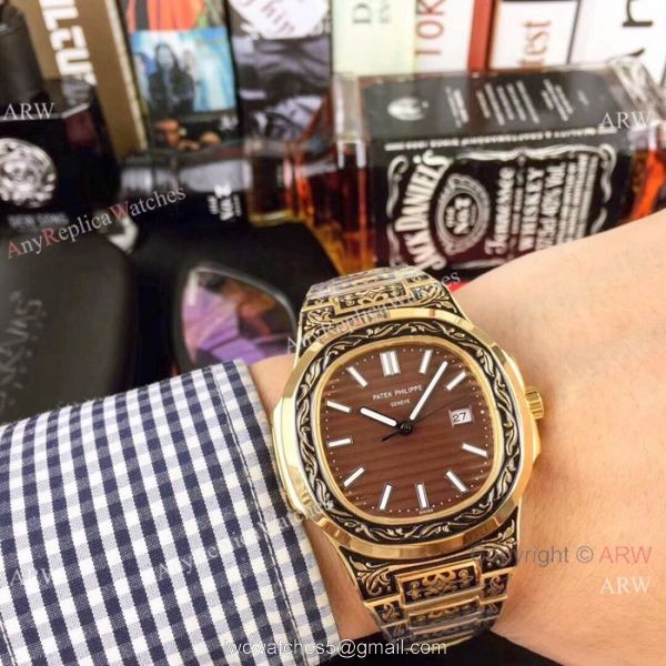 2019 Copy Patek Philippe Engraving Nautilus Watches Yellow Gold Black Dial 3