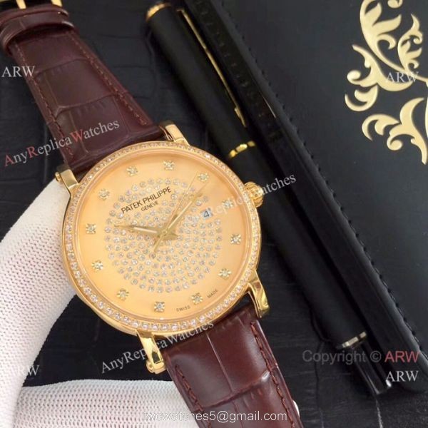 Patek Philippe Calatrava Diamond Watch SS Black Leather Band 3