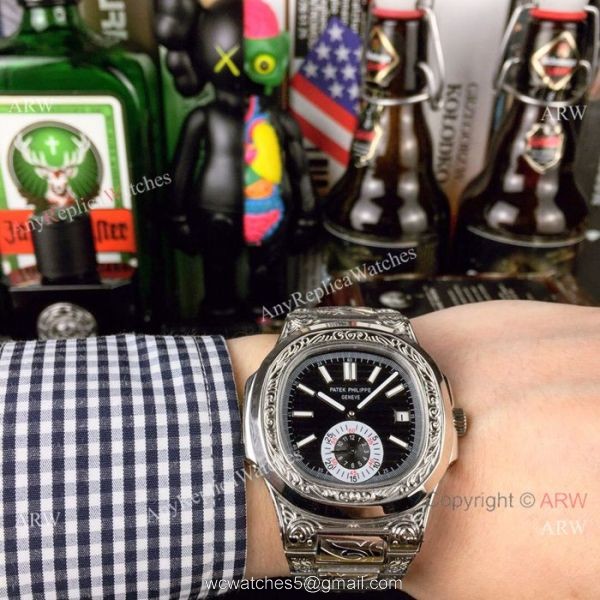Copy Patek Philippe Engraving Nautilus Stainless Steel Watch Silver Dial 3