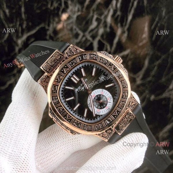 New Replica Patek Philippe Nautilus White Face Rose Gold Tattoo Rubber Strap Watch 3