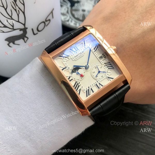 Cartier Tank Moonphase Men Wristwatch Rose Gold Black Dial 3