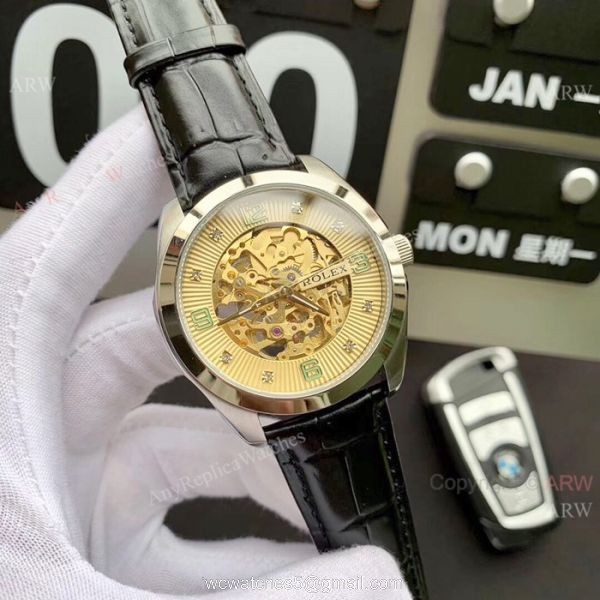 Rolex Geneve Cellini Replica Watch Tourbilln Face Brown Leather Strap 3
