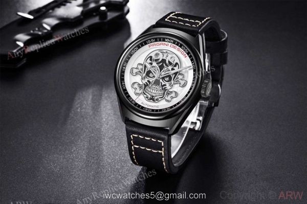 Pagani Design PVD Black Steel Watch White Skull Face 3