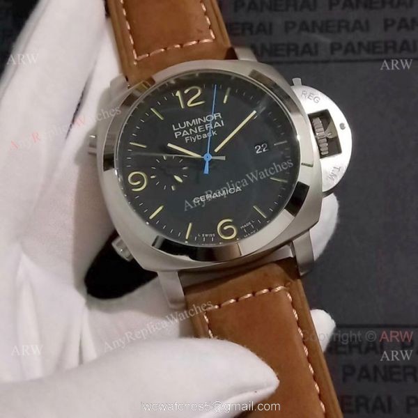 Copy Panerai Luminor FLYBACK SS Brown Leather Band Watch PAM524 3