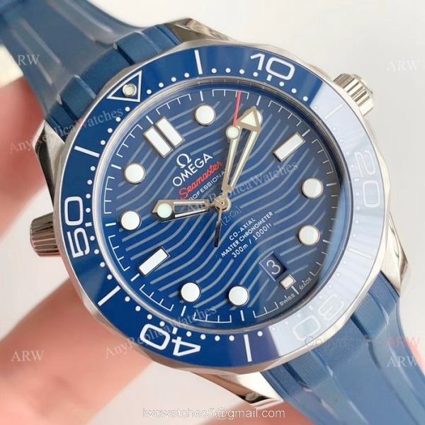 (OM Factory)Omega Seamaster 300 Replica Watch SS Blue Rubber Strap 3