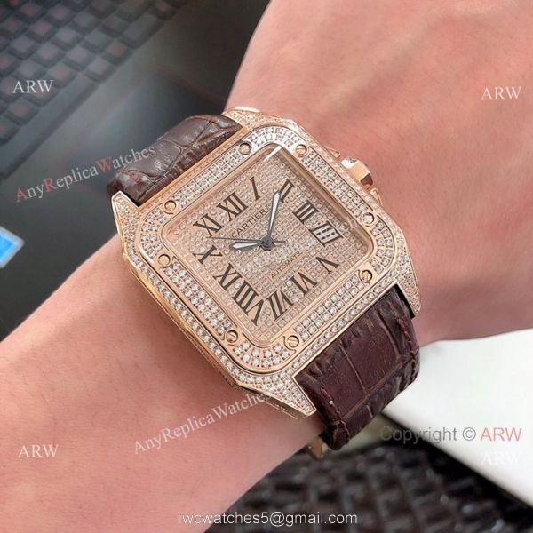 Cartier Santos 100 Diamond Replica Watch SS Full Diamond 3